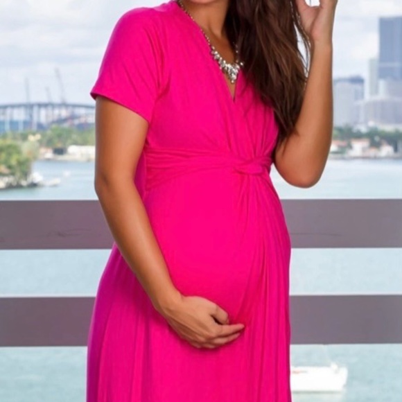 Hello Miz hot pink fuchsia jersey knot front maternity nursing dress S - Picture 1 of 6